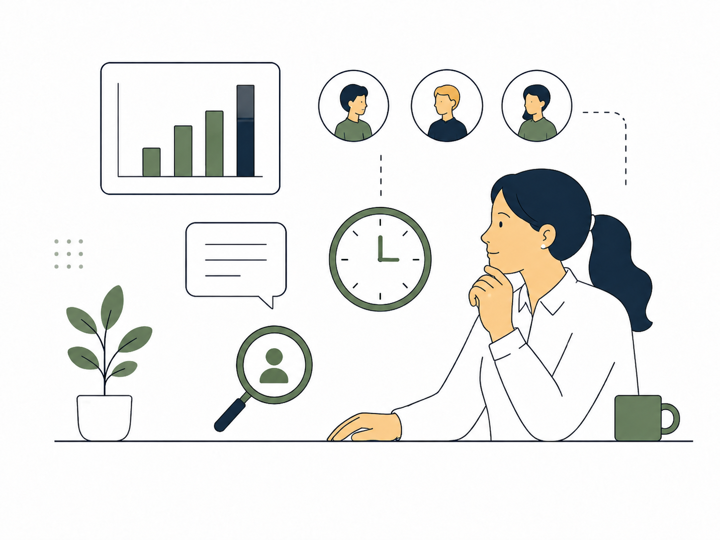 Business consultant analyzing customers, sales, time and performance indicators.