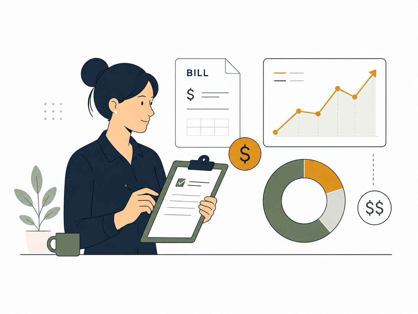 Business consultant reviewing rising costs, bills, charts and spending.